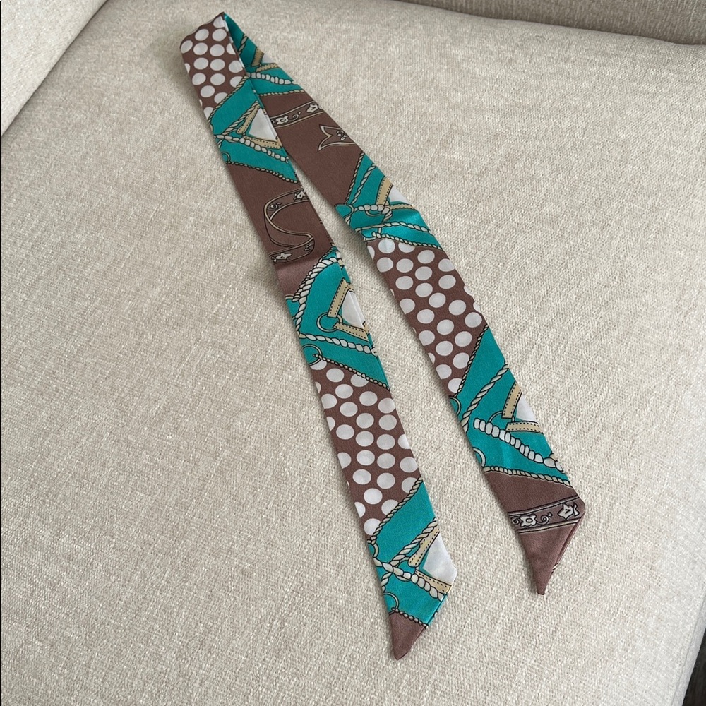 Silk Twilly Scarf in Teal and Brown